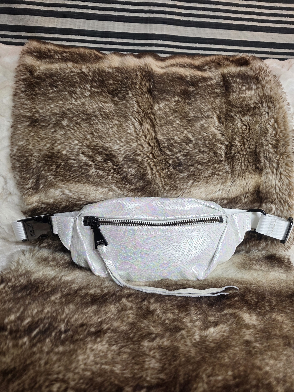 Aimee Kestenberg Iridescent White Snake-Texture Belt Bag